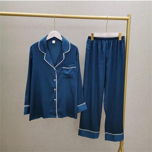 FZSLCYIYI Spring Sexy Lace Trim Silk Satin Long Sleeve Pants Pajama Set Sleepwear Bride Bridesmaid Wedding Nightwear Homewear