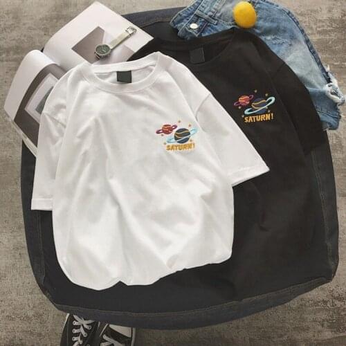 Planet Star Embroidery Women T-shirt Summer Short Sleeve Tshirt Korean Oversize Woman Tops Lady Basic Shirts
