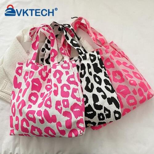 Fashion Women Canvas Leopard Pattern Printing Shopping Shoulder Bag Casual Ladies Large Capacity Tote Handbags