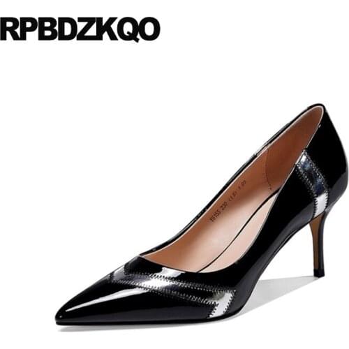 Luxury 2021 Stiletto Slip On Ladies Genuine Leather Pumps Green High Heels Shoes Pointed Toe Scarpin Patent Size 33 Black 3 Inch