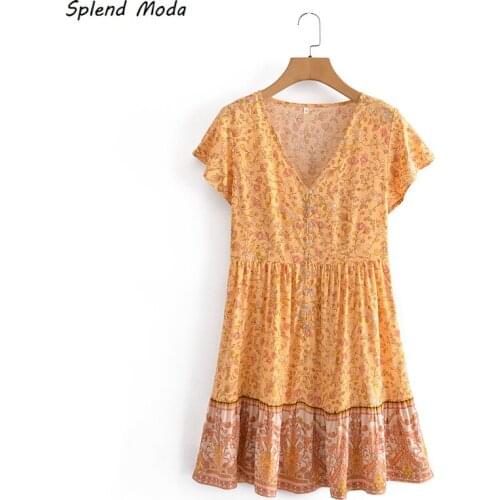 Splend Moda 2021 Summer New Holiday Style V Neck Vintage Floral Print Button Short-Sleeve Folds Dress Women Fashion Vestido
