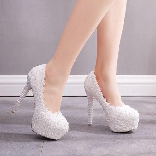 White Flower Women Wedding Shoes Bride Party Dress High Heels Platform Pumps Ladies Handmade Lace Sandals