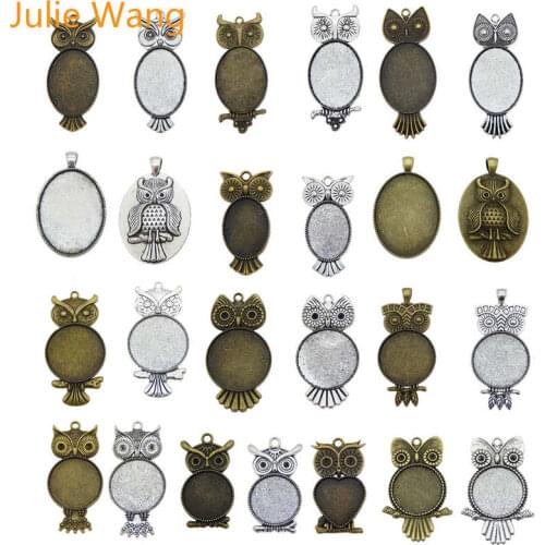 Julie Wang 1-5PCS 21 Styles Antique Color Owl Bird Cabochon Setting Base Tray Bezels Blank Charms Photo Pendant Jewelry Making