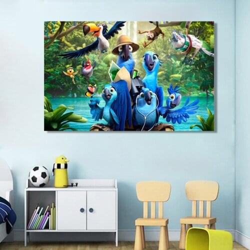 Artistic Blue Parrot Flying Birds Wood Landscape Oil Painting on Canvas Poster Print Wall Picture Kids Room Cuadros Décor