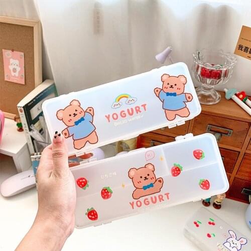 Yisuremia NEW Kawaii Transparent Double Layers Pencil Case Plastic Pencil Storage Box Desk Organizer Kids Gift School Stationery