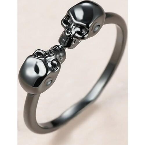 Male Vintage Fashion Double Skull Ring Antique Black Gold Thin Rings For Women Men Minimalist Black Metal Thin Ring Punk Jewelry