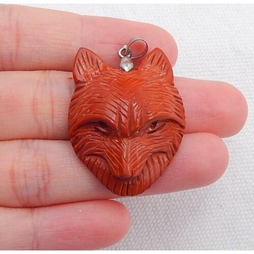 Natural Carved Red River jasper Wolf Heand Pendant,33x25x10mm，9.3g