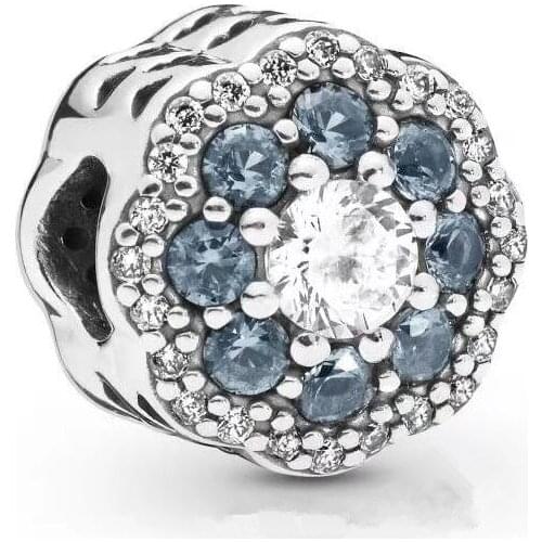 Genuine 925 Sterling Silver Bead Charm Pave Blue Sparkle Flower Crystal Beads Fit Pan Bracelet & Necklace Diy Jewelry