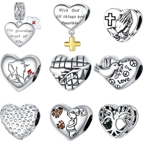 BISAER Heart of Nature Charms 925 Sterling Silver Mothers Love Heart Shape Beads Pendant DIY Original Bracelets Jewelry Gift