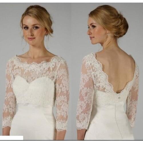 Vintage Cheap 2019 Lace Wedding Lace Bolero Jacket Jewel 3/4 Long Sleeve White Ivory Simple Shawl Custom Plus Size