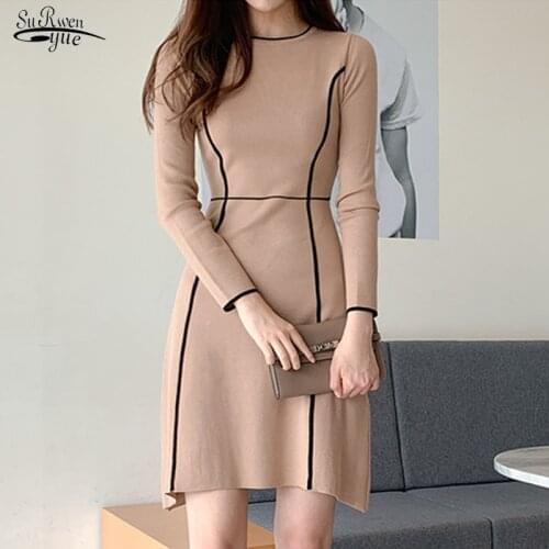 Vintage A-Line Ladies Dress New Fashion Elegant Knitted Sweater Dress Women O-Neck High Waist Knee Length Dress for Women 12702
