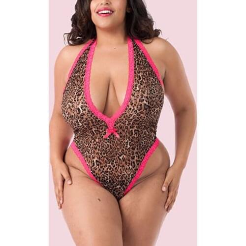 OMSJ Big Size Womens Sexy Bodycon Bodysuit Sleepwear Deep V Neck Leopard Printed Bow Lace Patchwork Sleeveless Rompers For Lady