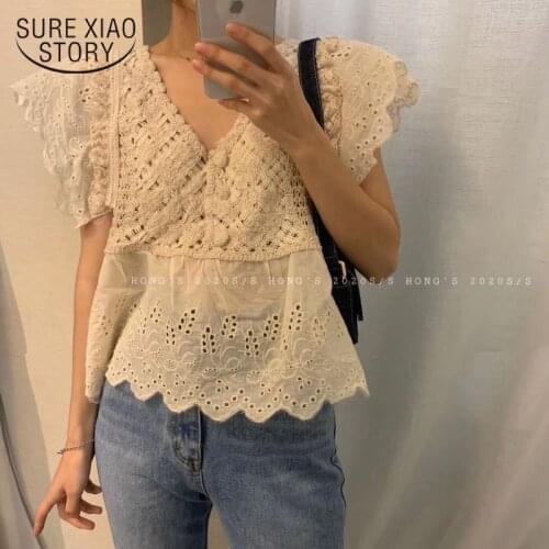 2021 Summer Korea Lace Embroidery Stitching Women Blouse Office Floral Hollow Out V Neck Shirts Women Short Sleeve Blusas 14455