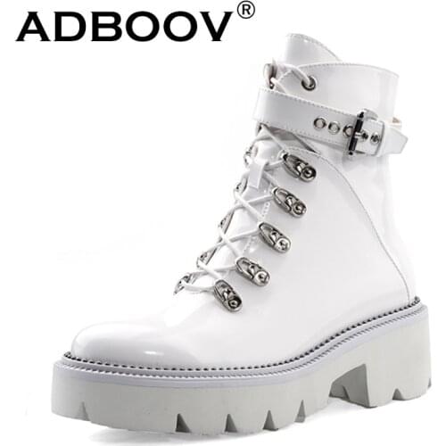 ADBOOV Cow Patent Leather Chunky Boots Women Plus Size 42 Martens Ankle Boots Ladies Side Zip Black White Short Boots