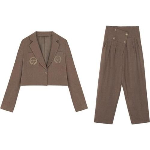 PERHAPS U Women Long Sleeve Two Pieces Set Blazer Full Length Pants Solid Brown Sash Casual T0416