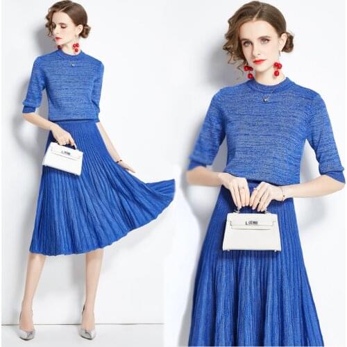 Women Clothing Two Piece Set Three Quarter Office Lady Knitted Set Draped Work Clothes Elastic Waist Mid-Calf Autumn Elegant Set