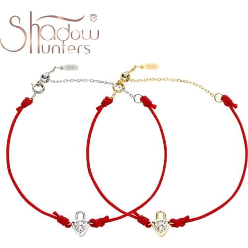 SHADOWHUNTERS Real 925 Sterling Silver Dainty Crystal Lock Charm Bracelet Red Thin Rope Adjustable Length Women Trendy Jewelry