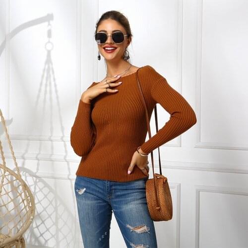 2021 Slash Neck Long Sleeve Womens Sweaters Ribbed Knitted Pullover Autumn Winter Sweater Tops For Female Solid Jumper