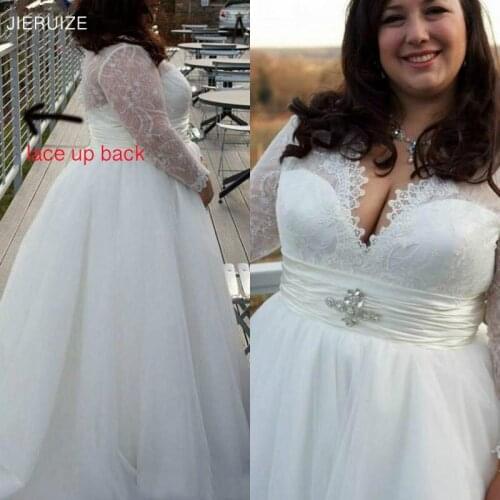 JIERUIZE White Lace Plus size Wedding Dresses A-line Lace Up Back Long Sleeves Wedding Bridal Gowns estido De Novia