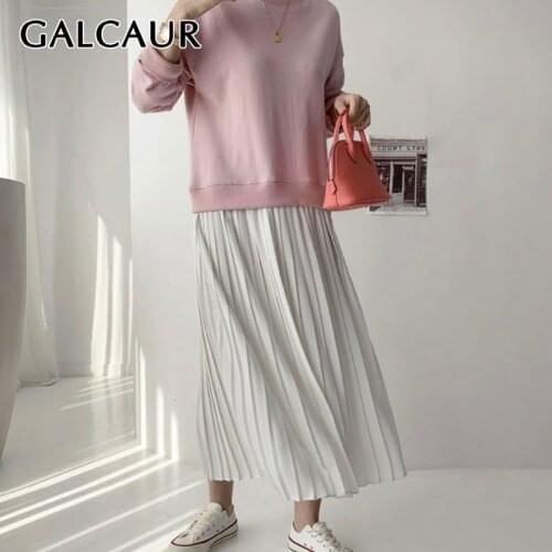 GALCAUR Patchwork Sweatshirt Dress For Women O Neck Long Sleeve Pleated Oversized Loose Chic Style Dresses Female 2020 Clothing