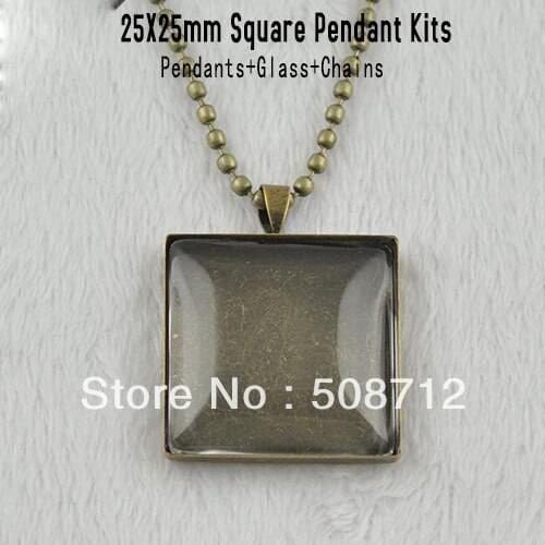 Free ship!! DIY copper pendant ancient bronze 25mm square gem trays glass 75cm ball chain/Pendant set