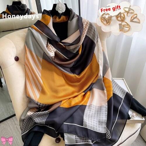 Send Free Scarfs Buckle Luxury Brand Stitching Color Printed Silk Scarf Artistic Neckerchief Quality Satin Scarves Wedding Shawl