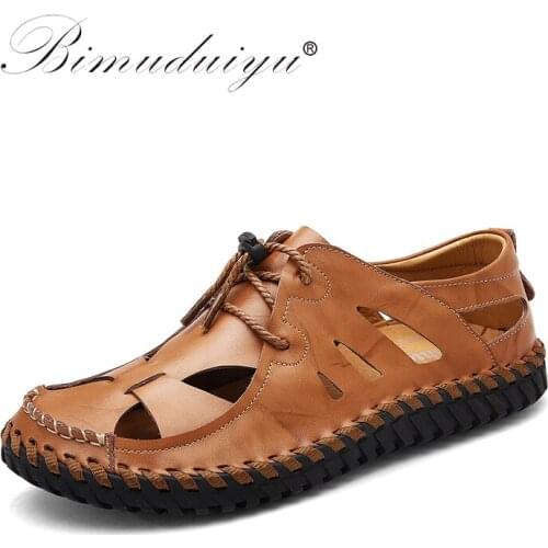 BIMUDUIYU New Men Sandals Brand Leather Summer Casual Shoes Breathable Beach Back Strap Sandals Fashion Non-slip Flats Shoes