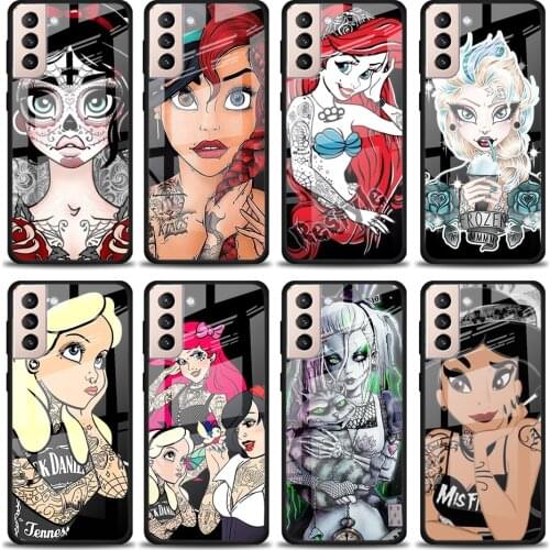 Tattoo Disney Princess Tempered Glass Cover For Samsung Galaxy S21 Plus Ultra M21 M31 M51 A52 A72 Phone Case Coque