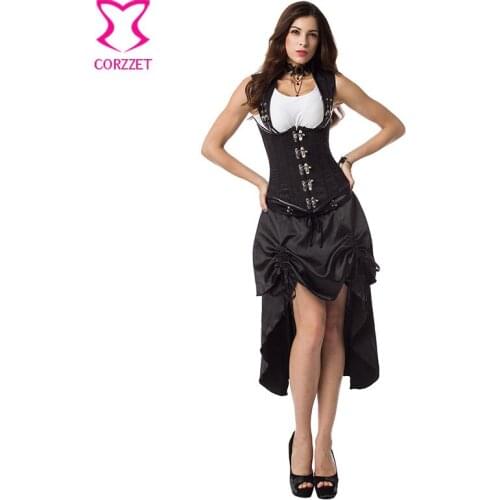 Black Steel Boned Underbust Corset Dress Gothic Clothing Burlesque Dresses And Corsets Plus Size Women Sexy Steampunk Costume