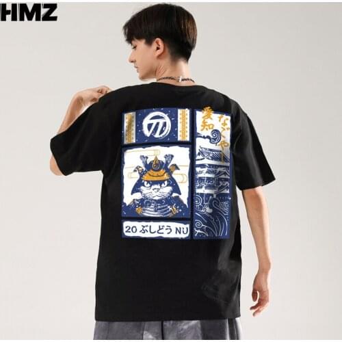 HMZ Men Samurai Cat T-shirt 2021 New Summer Cool Print Cotton Hip Hop Tshirt Male Streetwear Tee Harajuku Black T Shirts for Men