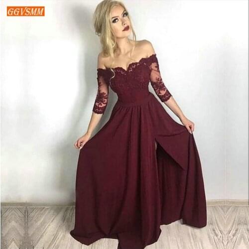 Graceful Burgundy Elastic Satin Evening Gowns Long Boat Neck Half Sleeve A Line Evening Dresses Banquet Side Slit Formal Dress