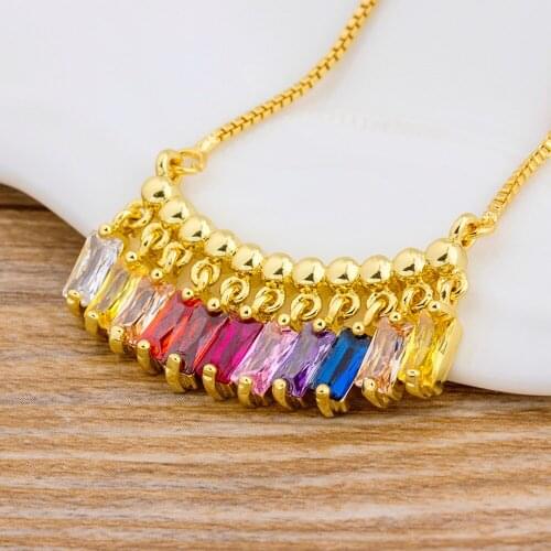 Delicate Fashionable Gold Color Charm Chain Cubic Zirconia Rainbow Pendant Necklace Jewelry For Women Girl Statement Necklace