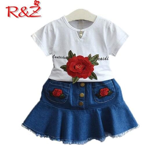 R&Z Baby Girls Clothes Set 2019 New Summer Embroidered Flower White T Denim Dress Suit Two-piece Kids Clothing Suit k1