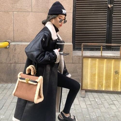 Hstar Women Mid-length Imitation Lambwool Coat Female Winter 2021 Korean Style Loose Plus Velvet Thick Motorcycle Jacket