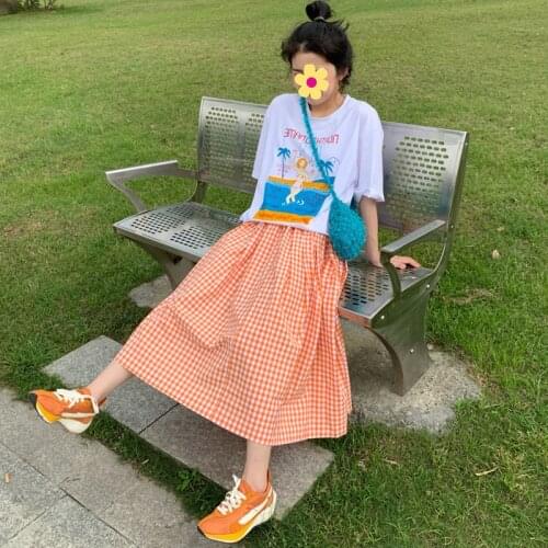 Summer Small Plaid Maternity Long Skirts Elastic Waist Belly Big Bottoms Loose Skirts Clothes for Pregnant Women Pregnancy