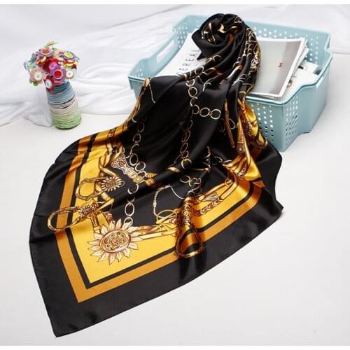 Fashion Hair Scarf For Women Kerchief Black Silk Satin Hijab Scarfs 90cm*90cm Square Shawls Neckerchief Scarves For Ladies 2019