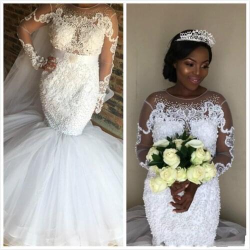 Luxury Mermaid Wedding Dresses Sheer Neck Beaded Crystal Lace Appliques Arabic Long Sleeves Overskirts Plus Size Formal Dresses