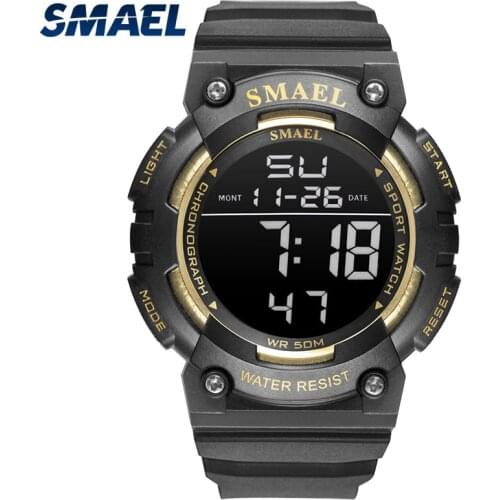 SMAEL Mens Sports Watch Gold Wristwatches With 50M Waterproof LED Back Light Clock Alarm Sport Bracelet 1539 Digital Watches