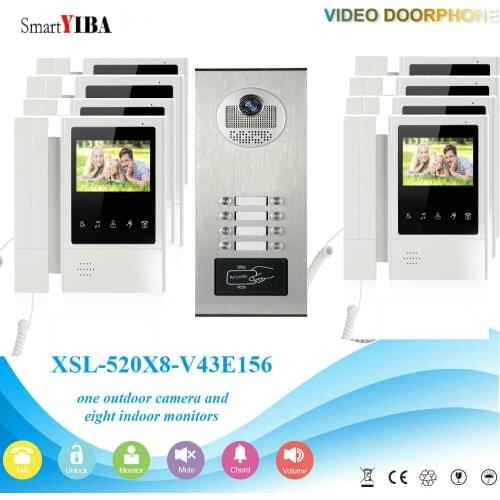 SmartYIBA 8 Units Color Apartment Video Door Phone Doorbell Intercom Kit With RFID Access IR Camera Apartment Doorbell Kits