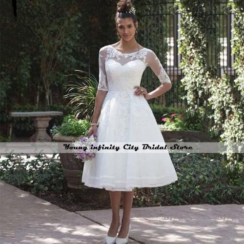 Vestido de Noiva 2020 New Fashion Sheer Scoop Half Sleeve Knee Length Short Wedding Dress Applique Lace Bridal Gown Lace Edge