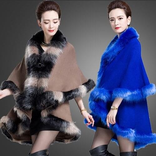 New Design Winter Fashion Faux Fur Collar Womens Double Layers Long Thick Cloak Sweater Shawl