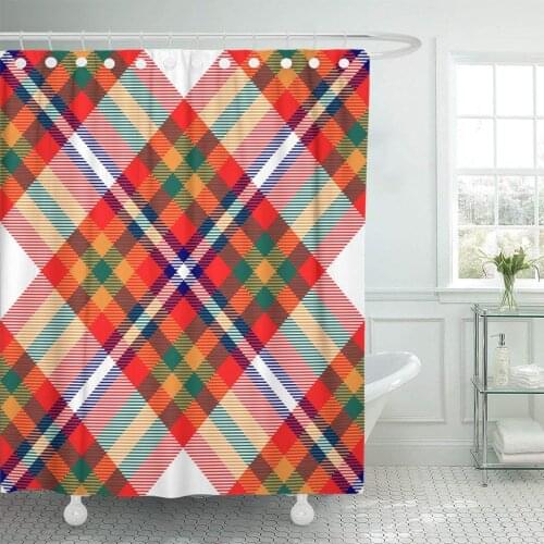 Madras Plaid Pattern Checkered in Bright Red Orange Green Shower Curtain Waterproof Polyester Fabric 60 x 72 Inches Set