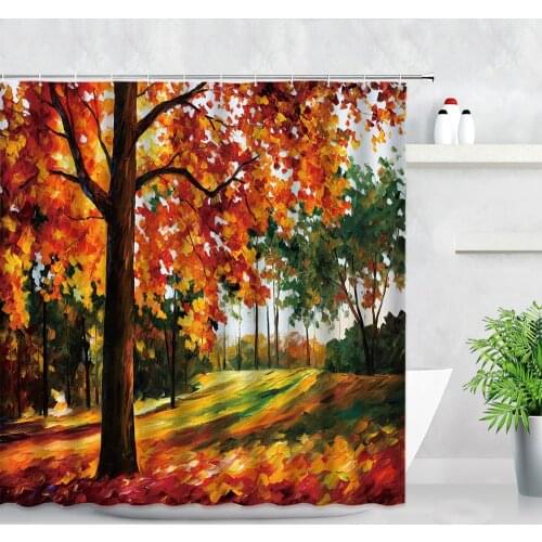 Autumn Forest Oil Painting Shower Curtains Yellow Leaves Modern Art Home Decor Waterproof Polyester Fabric Bathroom Curtain Set