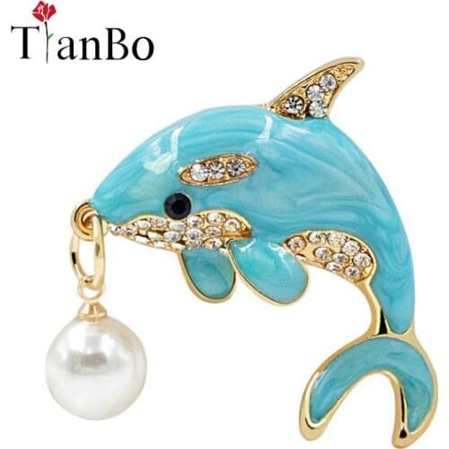 TianBo Blue Enamel Cute Blue Dolphin Whale Brooches for Women Rhinestone Inlay Winter Coat Hat Brooch Pins Fashion Jewelry
