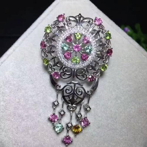 Natural multicolor tourmaline brooch S925 silver Natural gemstone brooch Pendant Luxury retro tassels women two wears jewelry