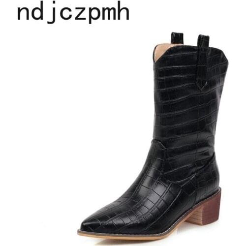 Womens Boots Autumn and Winter New Fashion Pointed Thick Heel Mid Heel Middle Tube Womens Shoes Plus Size 34-47 Black White
