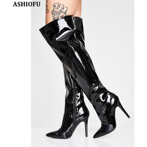 ASHIOFU Handmade Ladies High Heel Boots Patent Leather Sexy Club Over Knee Boots Party Evening Fashion Long Boots Shoes