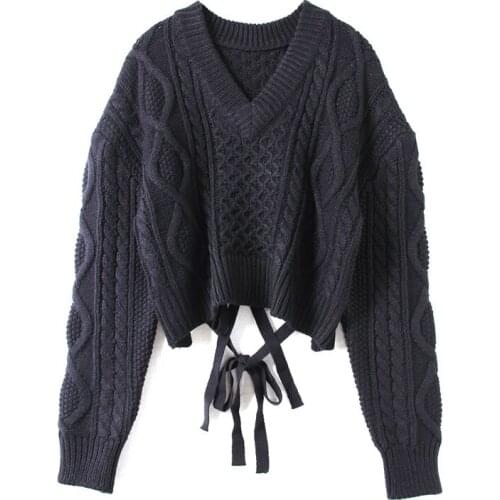 Womens V-neck Sexy Back Strap Lace Up Knitted Weater Pullover Korean Style Short Long Sleeve Crop Top Knit Jersey Soft Jumper