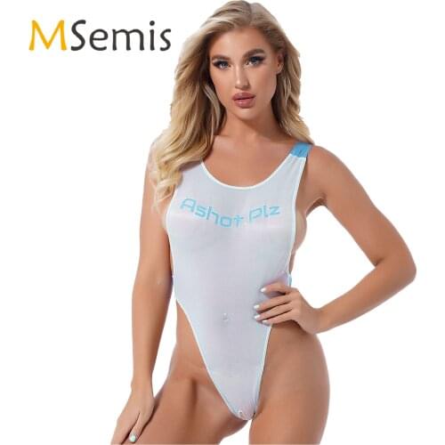 Womens Lingerie See-through Bodysuit Round Neck Color Contrast Front Letters Print High Cut Open Crotch Jumpsuit Bodysuit