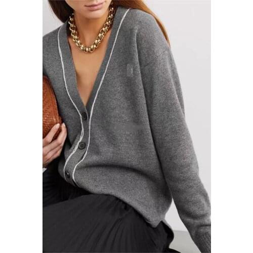 Boutique 100% Wool Grey Iconic Embroidery Knit Cardigan Cosy Chic Deep-V Neck Handmade Stitched Insert Single Breasted Knitwear